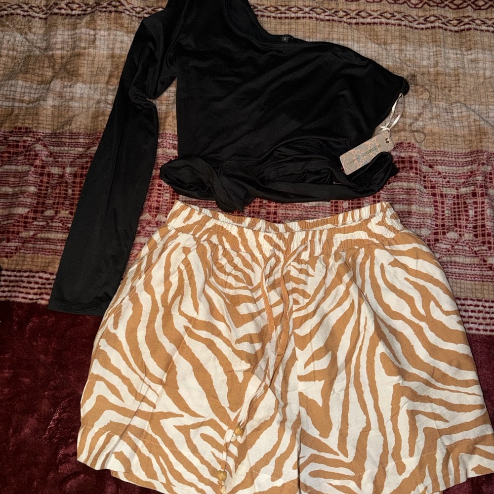 Black Long Sleeve Crop Top with Tan & White Zebra Print Shorts